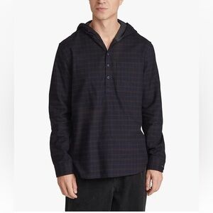 Vince Men’s Highway Plaid Long Sleeve Pullover Hoodie Cotton Buttons Size Large